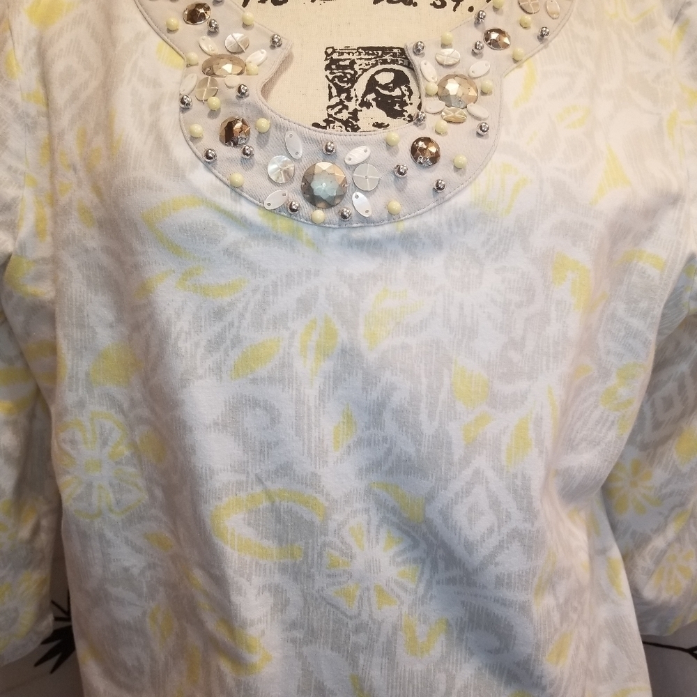 Ruby Rd Embellished Scalloped Neck Top XL 3/4 Sleeve Yellow Gray Floral Blouse - Picture 3 of 10